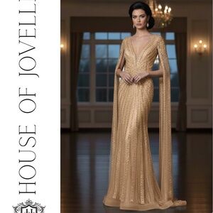 Evening Sequin Beaded Dress Women XL Champagne Glam Formal NWT